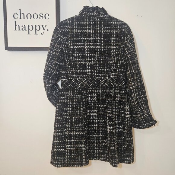White House Black Market Wool Blend Tweed Coat Size 10 Black Plaid Red Trim - Picture 2 of 11